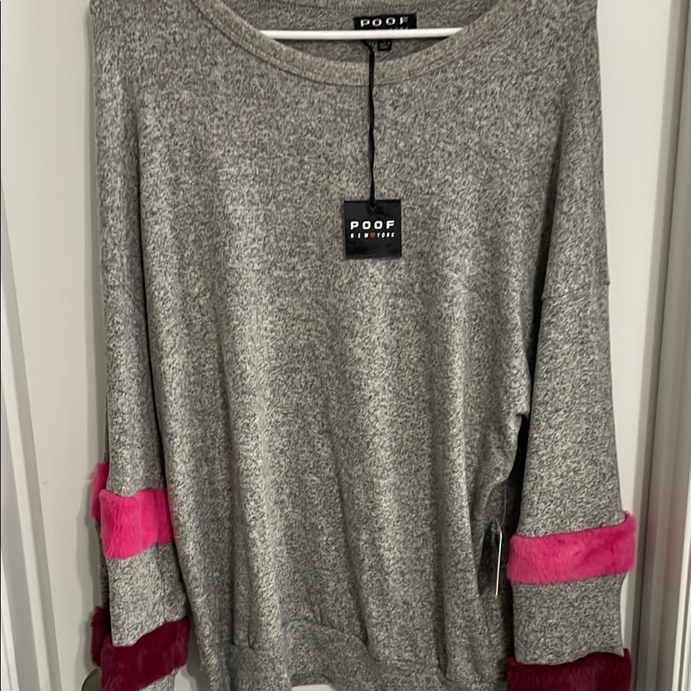 Poof! Gray and Pink Crew Neck Sweater with Striped Sleeves